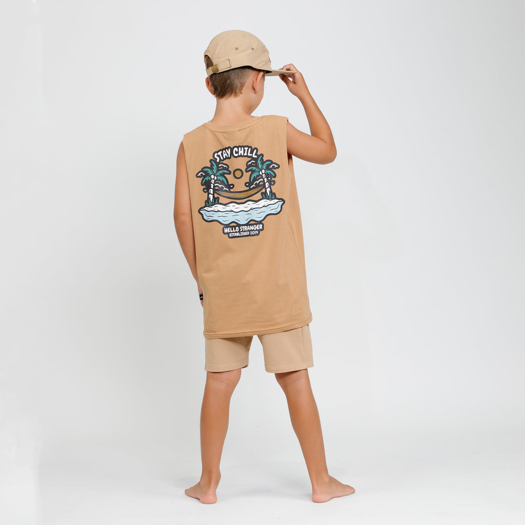Hello Stranger Stay Chill Muscle Tee (Brown)