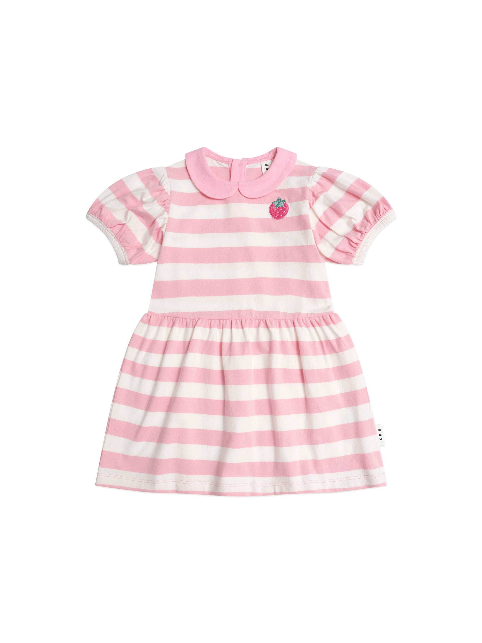 Huxbaby Strawberry Stripe Puff Sleeve Dress (Strawberry/Almond Milk) - Girls