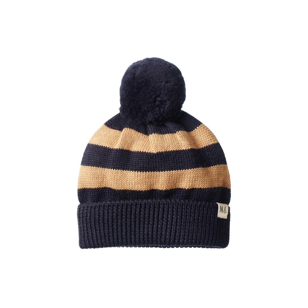 Nature Baby Merino Alpine Pom Pom Beanie (Navy/Caramel Stripe)
