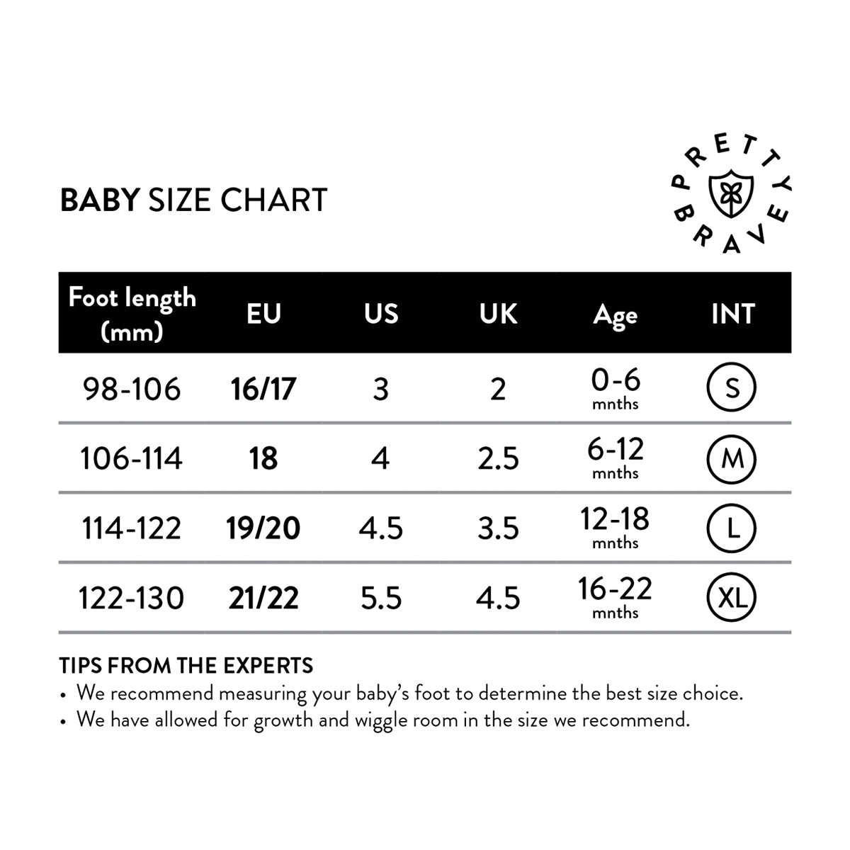 Pretty Brave baby shoes sizing guide