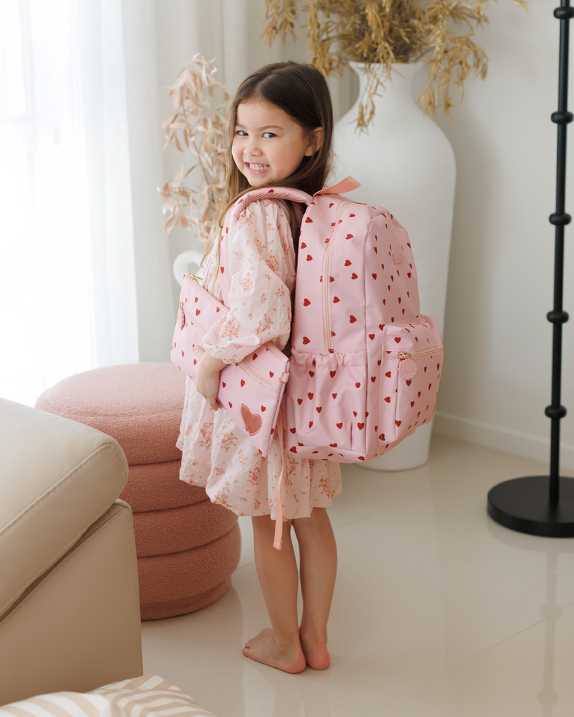 fox and fallow school backpack in hearts print