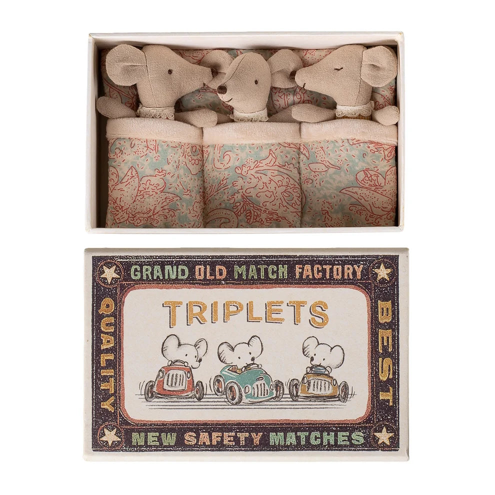Maileg Triplets Baby Mice in Matchbox (Checker)