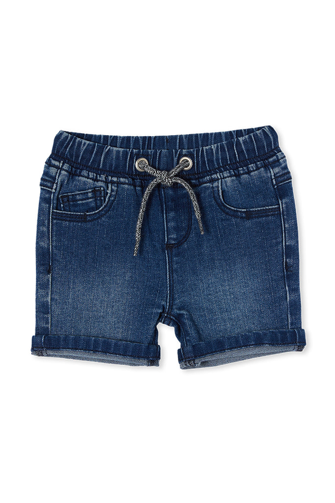 milky baby knit denim shorts in a  mid wash