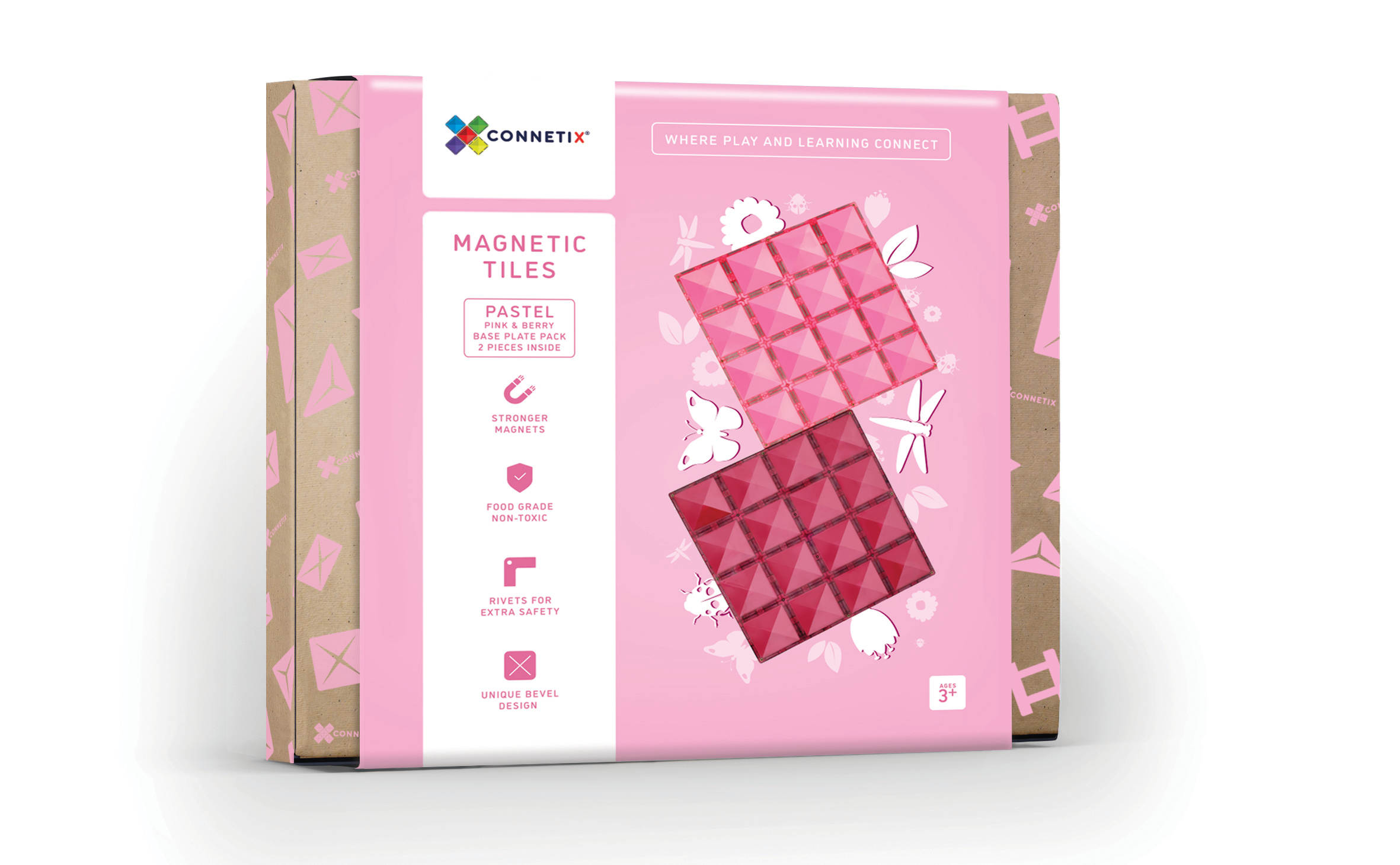 connetix magnetic tiles 2 piece pink & berry base plate pack