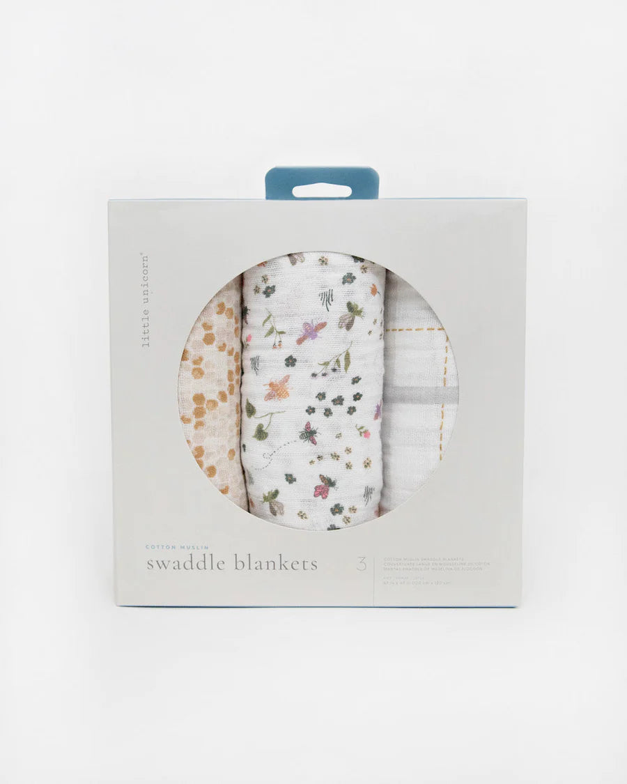 Little Unicorn 3 Pack Cotton Muslin Swaddles (Garden Bees)