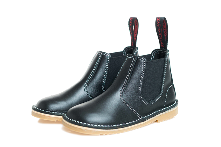 mckinlays hunter boot in black with tan sole