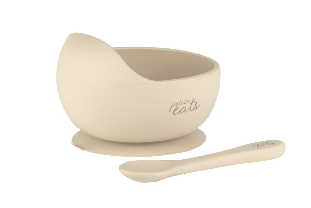 petite eats silicone bowl and spoon set in sand
