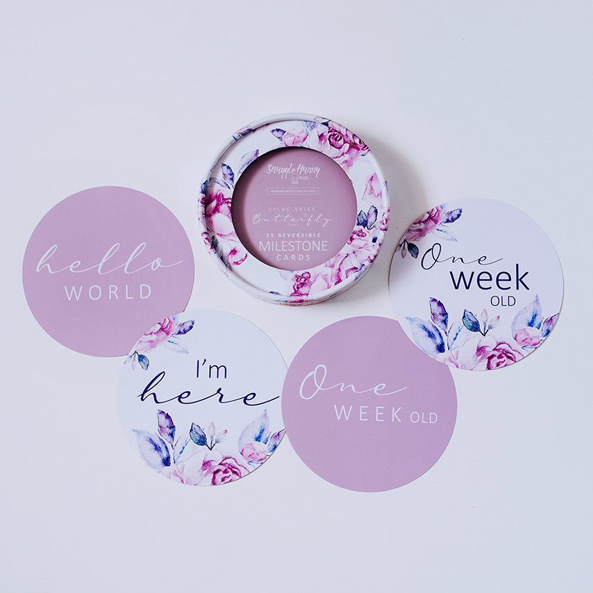 snugglehunny milestone cards in lilac skies & butterfly lilac