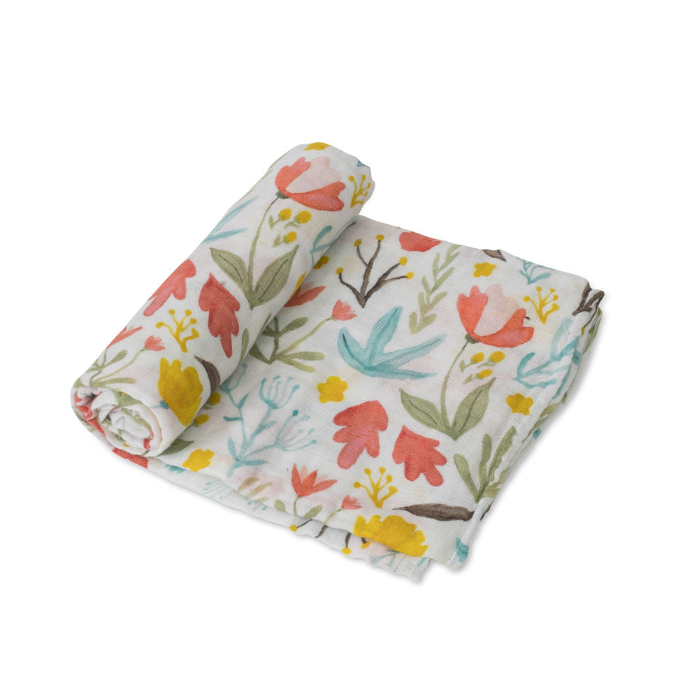 little unicorn cotton muslin swaddle in meadow print