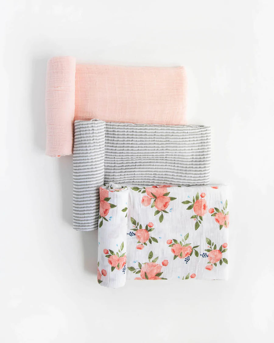 Little Unicorn 3 Pack Cotton Muslin Swaddles (Watercolour Roses)