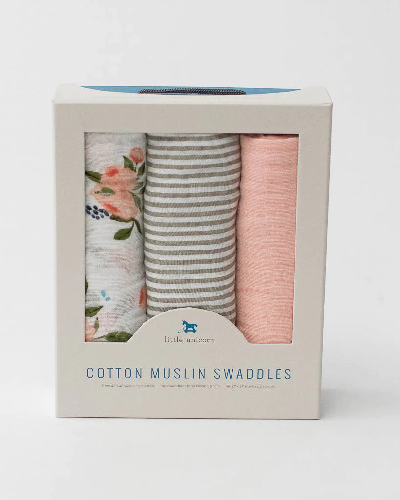 Little Unicorn 3 Pack Cotton Muslin Swaddles (Watercolour Roses)
