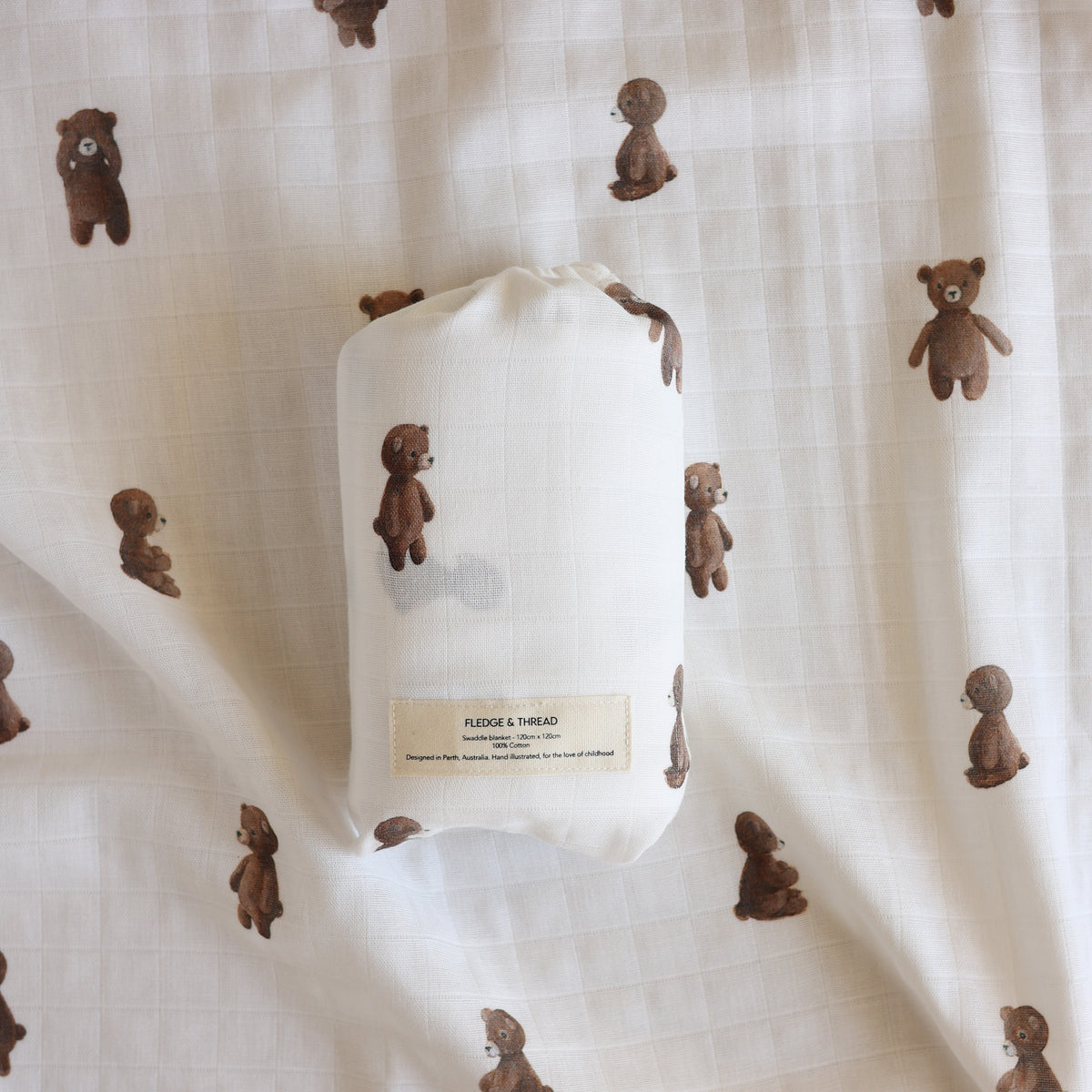 Fledge & Thread Muslin Swaddle Wrap (Teddy Bear)