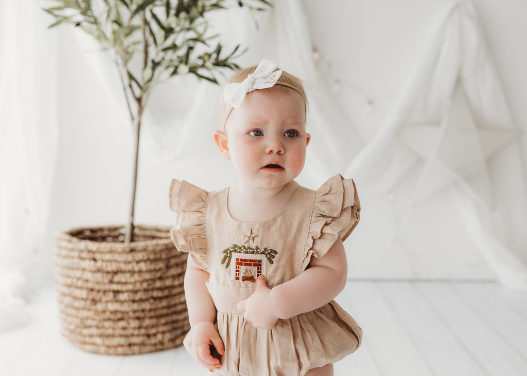 Child of Mine Embroidered Linen Oak Romper (Cosy Fireplace)