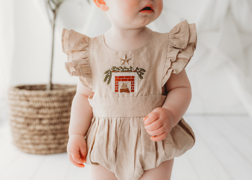 Child of Mine Embroidered Linen Oak Romper (Cosy Fireplace)