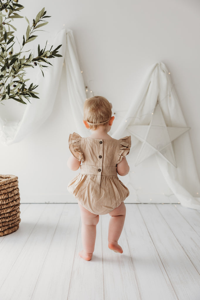 Child of Mine Embroidered Linen Oak Romper (Cosy Fireplace)