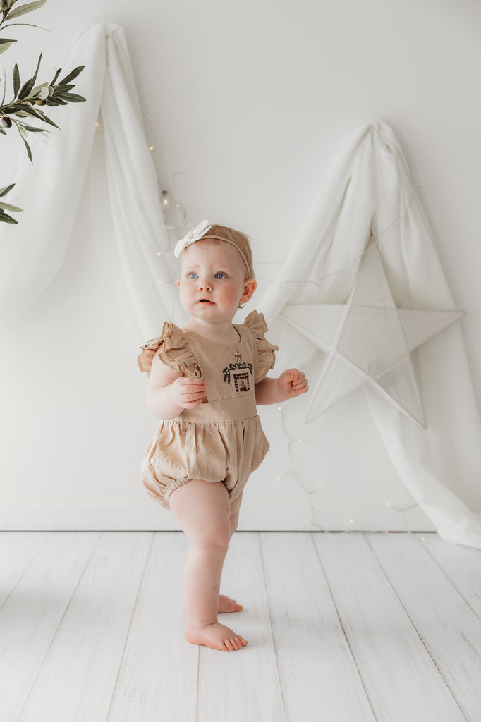 Child of Mine Embroidered Linen Oak Romper (Cosy Fireplace)