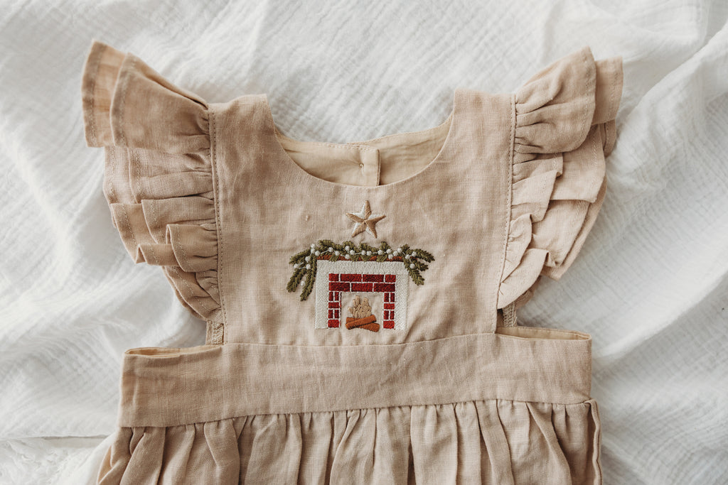 Child of Mine Embroidered Linen Oak Romper (Cosy Fireplace)