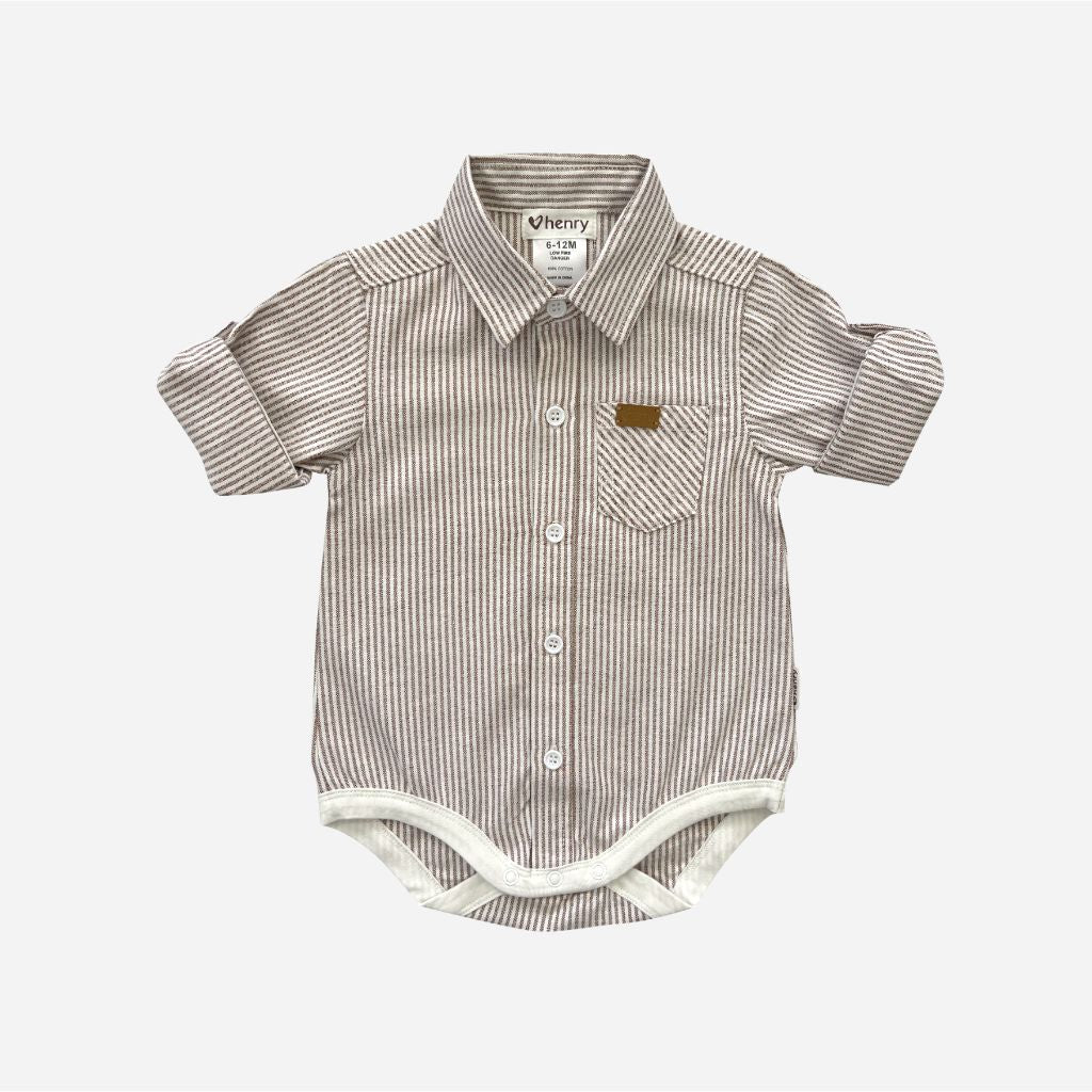 Love Henry Baby Boys Dress Shirt Romper (Beige Pinstripe)