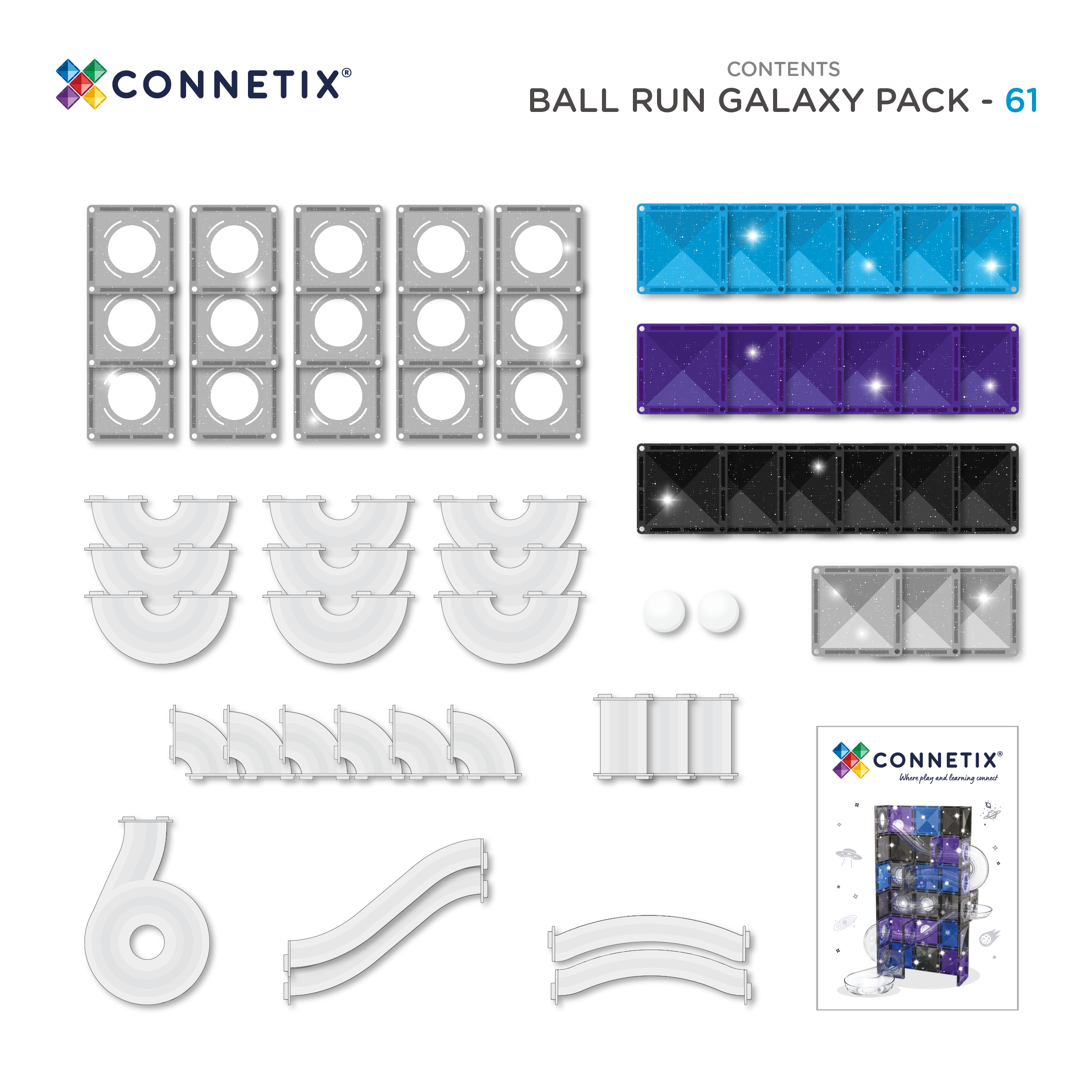 CONNETIX Magnetic Tiles 61 Piece Ball Run Galaxy Pack
