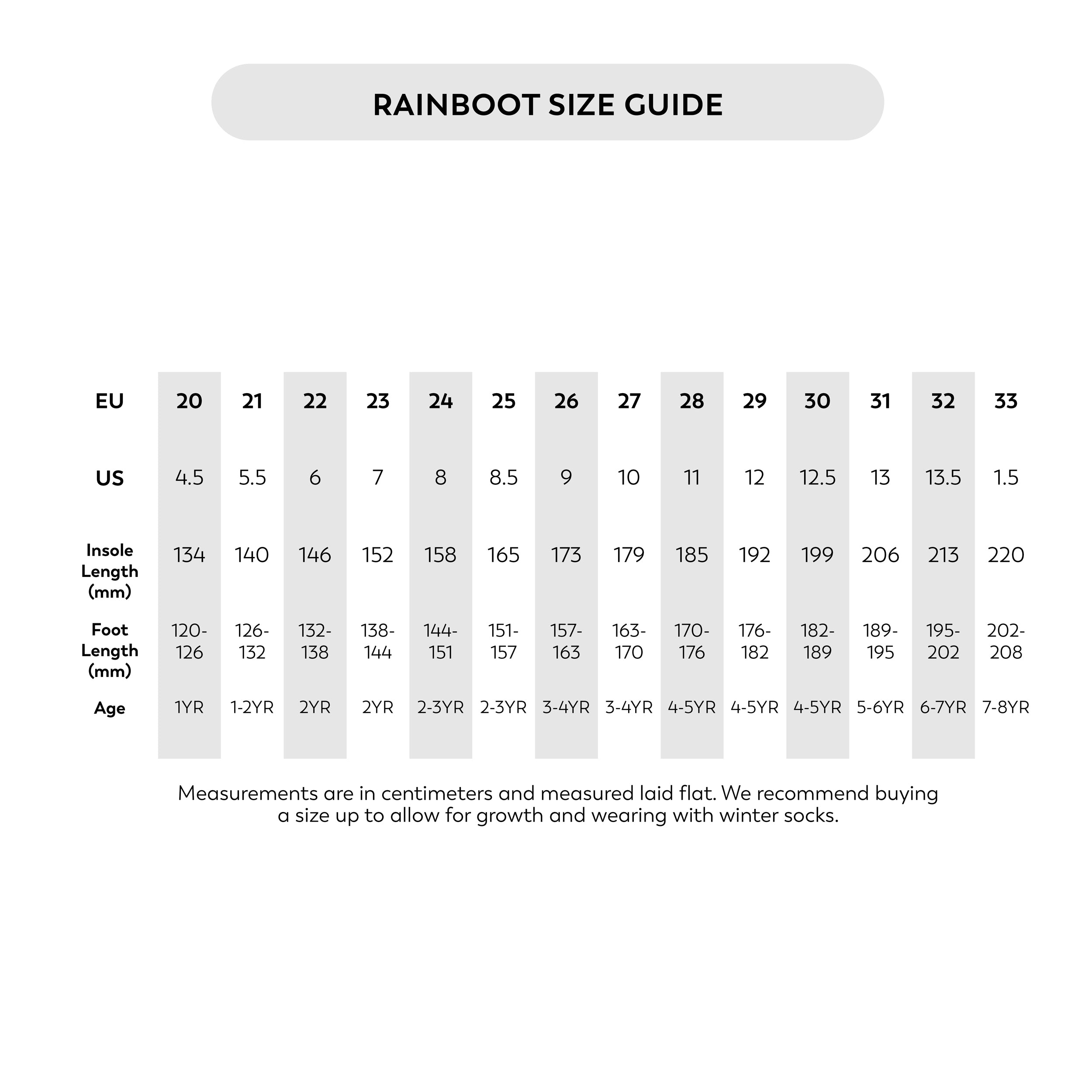 Crywolf Rain Boots Size Guide