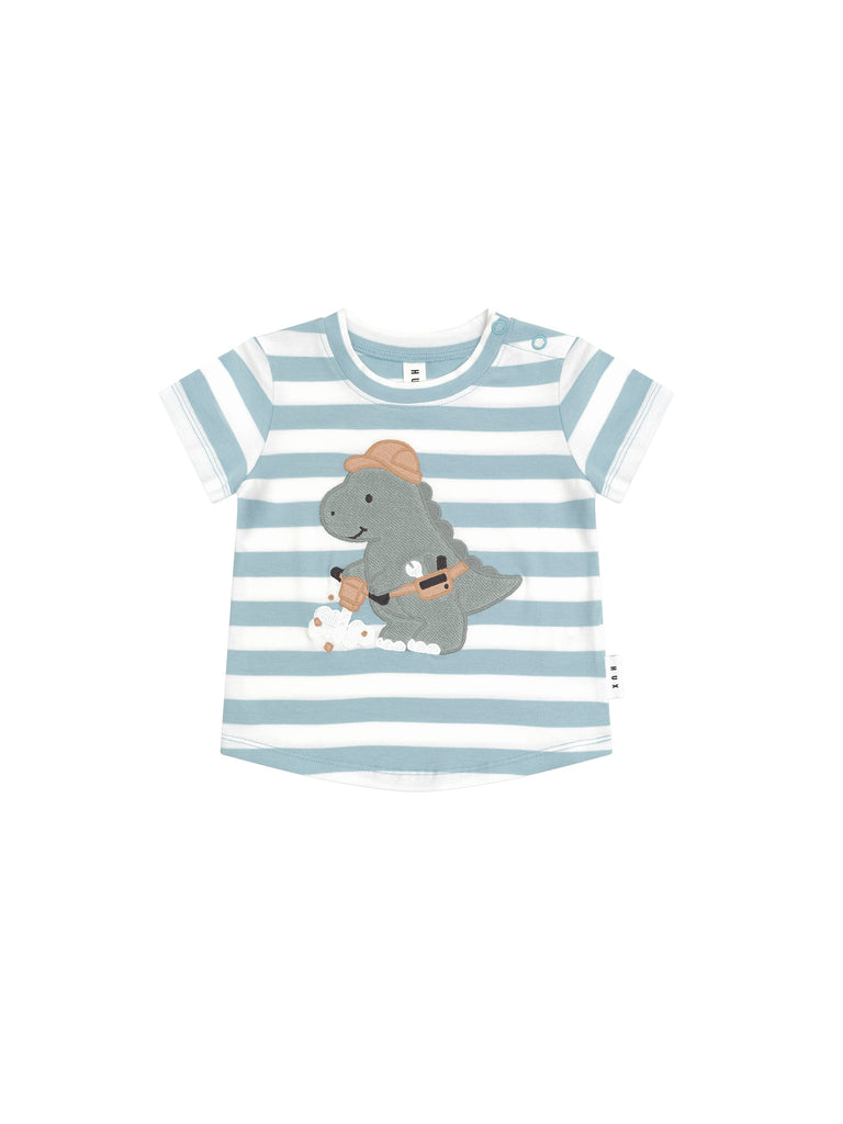 Huxbaby Construction Dino Stripe T-Shirt (Marine Blue/Almond Milk)