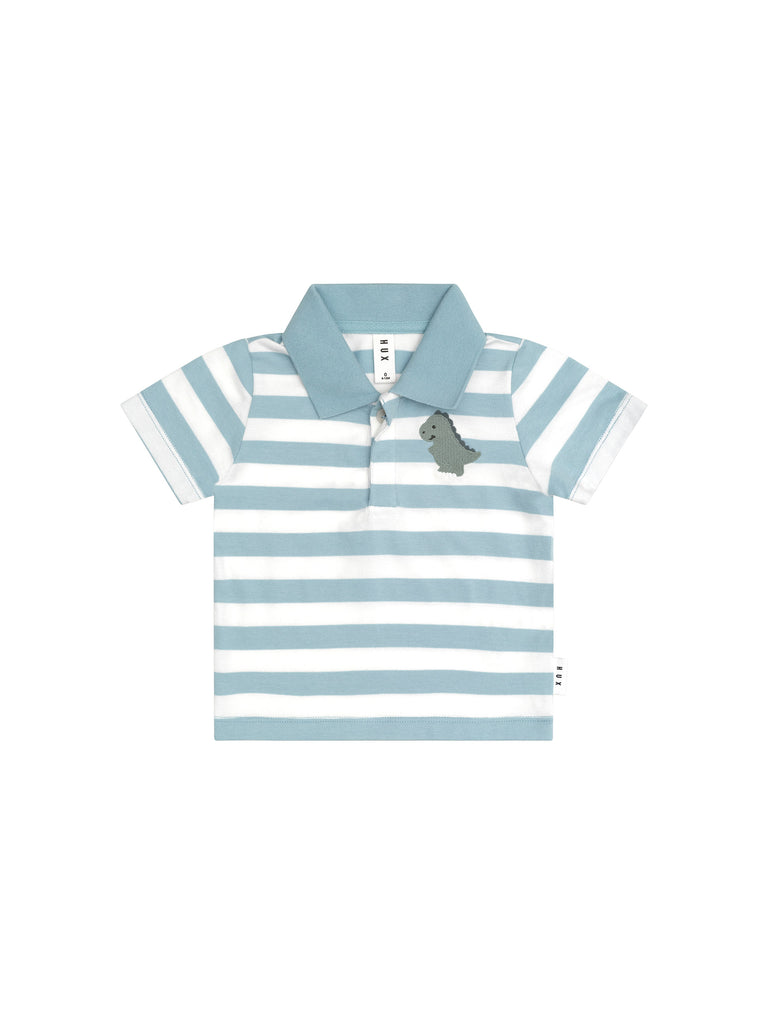 Huxbaby T-Rex Stripe Polo T-Shirt (Marine Blue/Almond Milk)