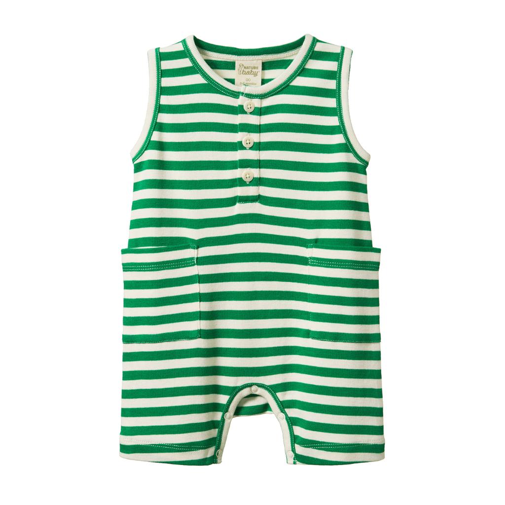 Nature Baby Organic Cotton Camper Suit (Kelly Green Sea Stripe)