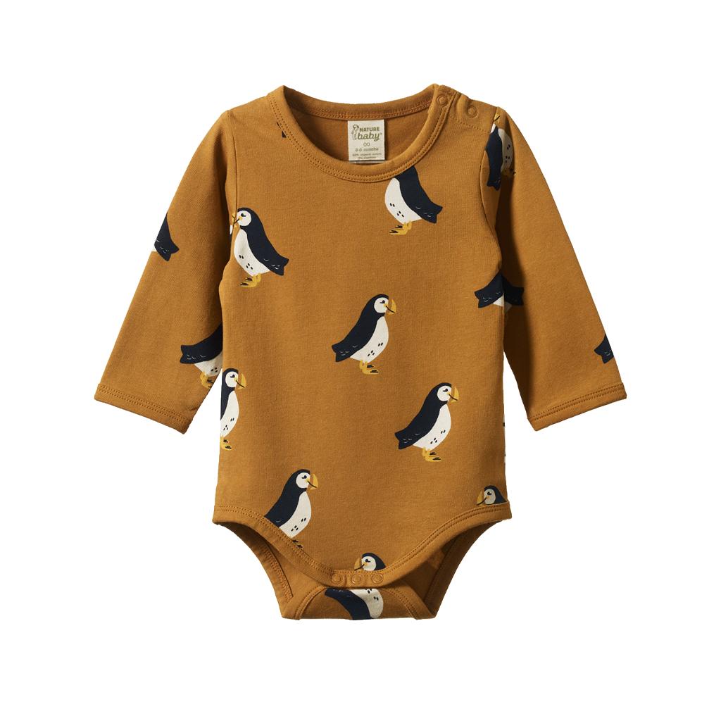 Nature Baby Stretch Jersey Cotton L/S Bodysuit (Puffin Toffee Print)