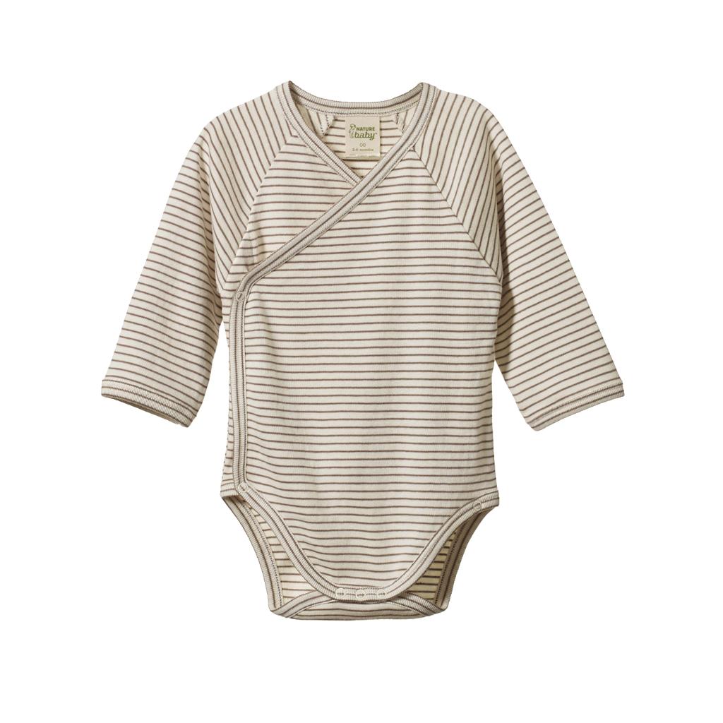 Nature Baby Organic Cotton L/S Kimono Bodysuit (Mushroom Pinstripe)
