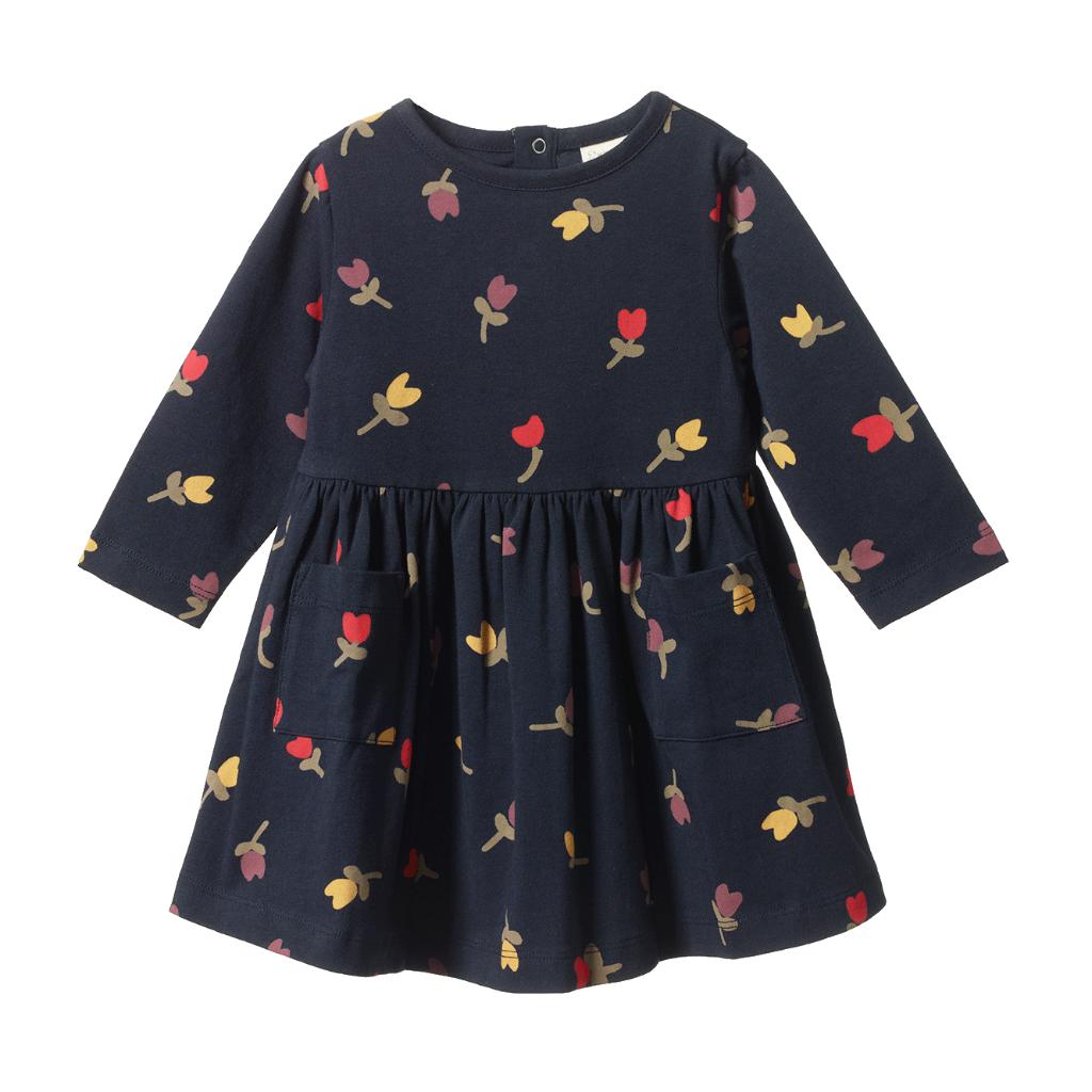 Nature Baby L/S Twirl Dress (Navy Tulip Print)