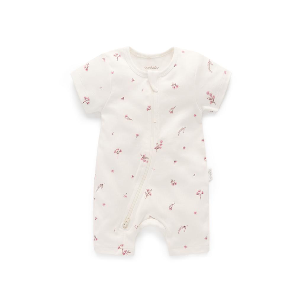 Purebaby S/S Short Leg Zip Growsuit (Vanilla Blossom)
