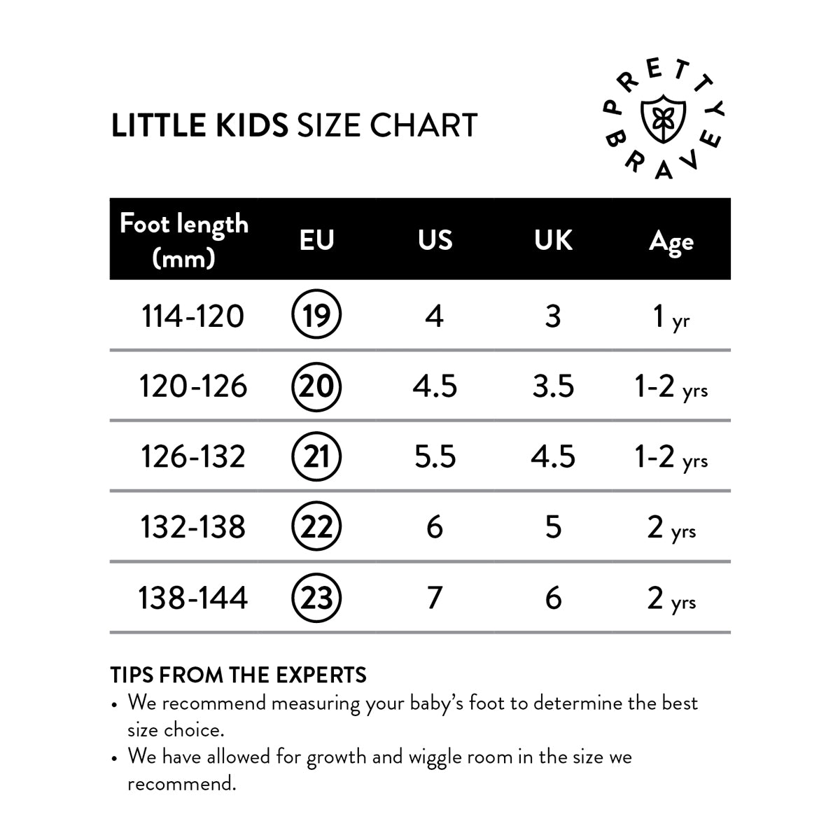 Pretty Brave shoes sizing guide