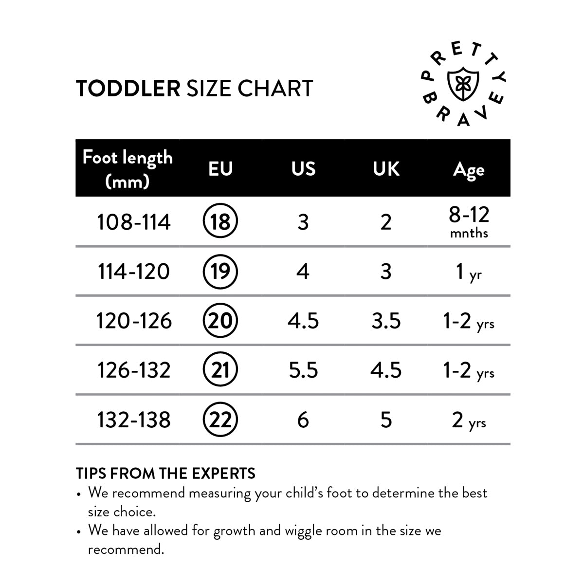 Pretty Brave toddler footwear sizing guide