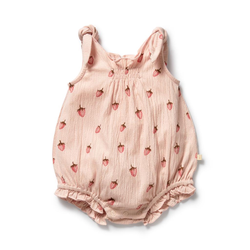 W&F Organic Tie Playsuit (Strawberry Kisses)
