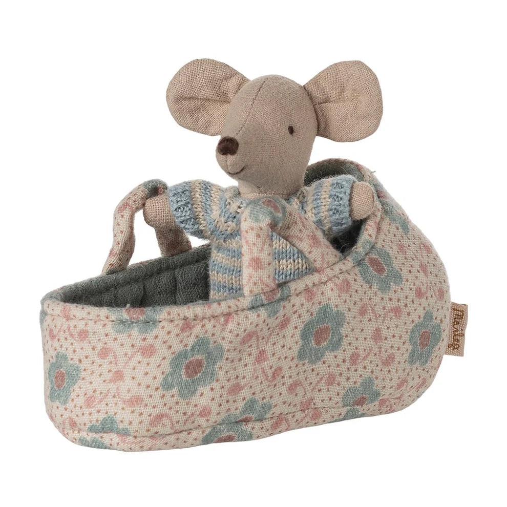 Maileg Baby Mouse in Carry Cot (Blue)