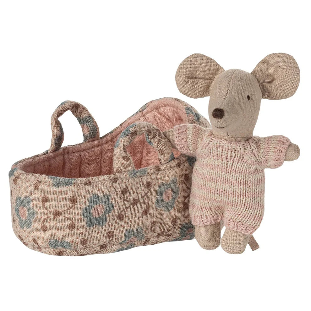 Maileg Baby Mouse in Carry Cot (Rose)