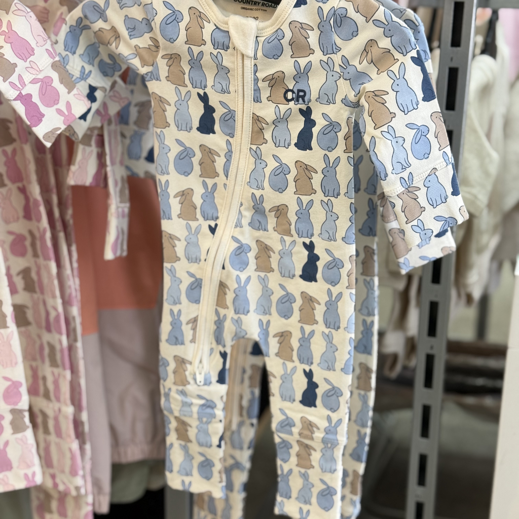 country road bunny print jumpsuit in blues