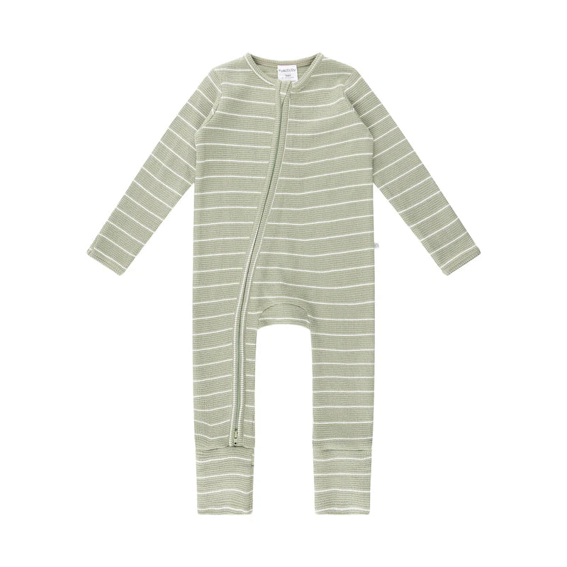 KYND Baby Fine Waffle Onesie (Sage Stripe)