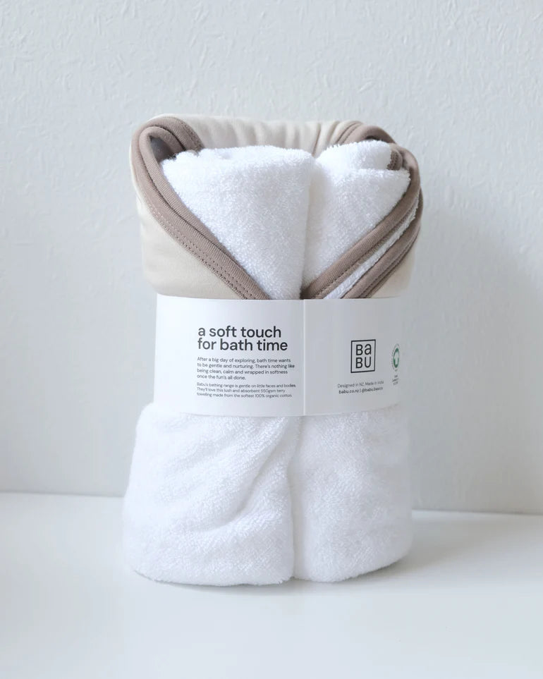 Babu Terry Hooded Baby Towel (Oat with Walnut Trim)