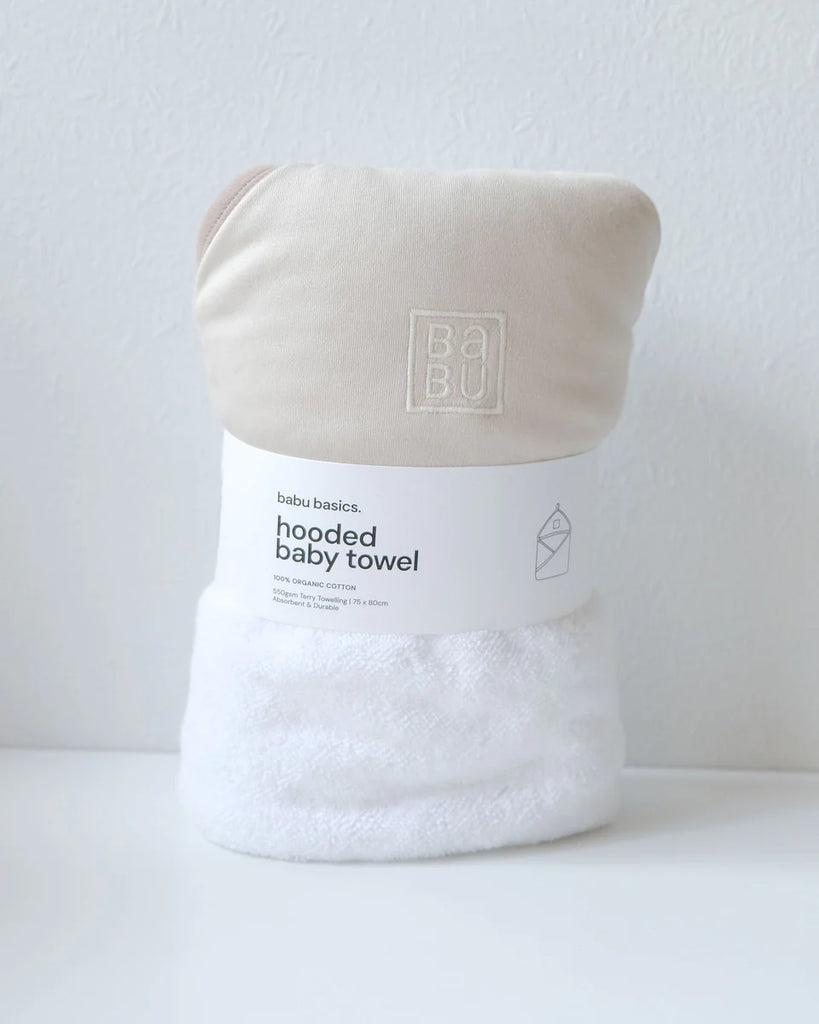 Babu Terry Hooded Baby Towel (Oat with Walnut Trim)