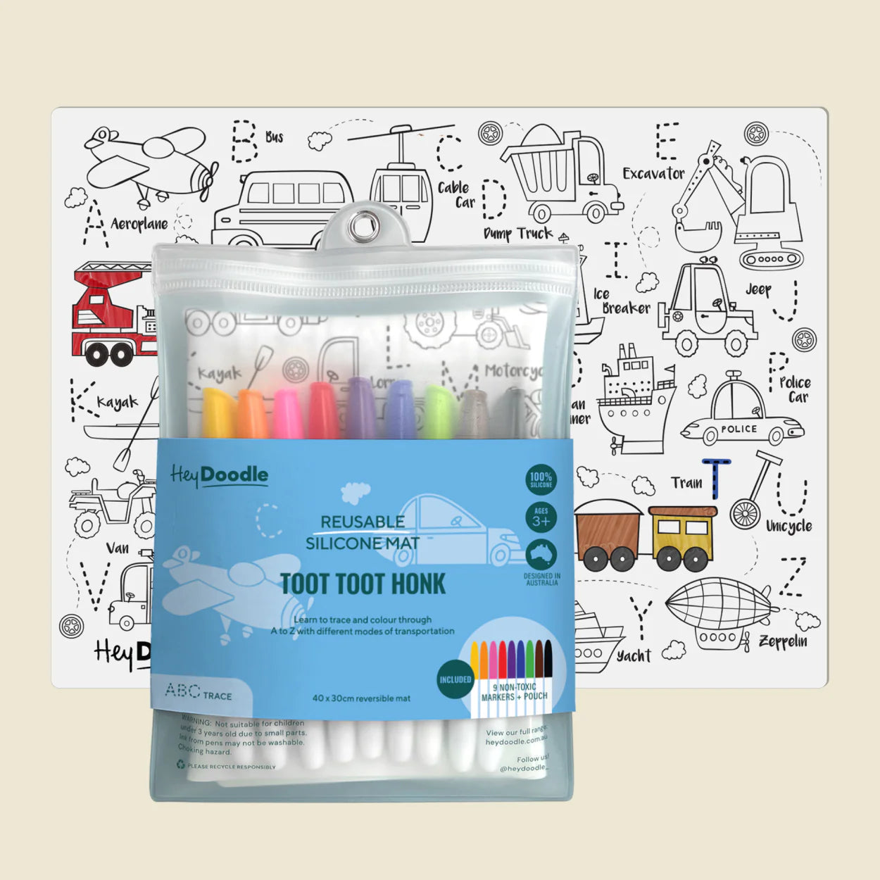 HeyDoodle Large Reusable Silicone Activity Mat (Toot Toot Honk)