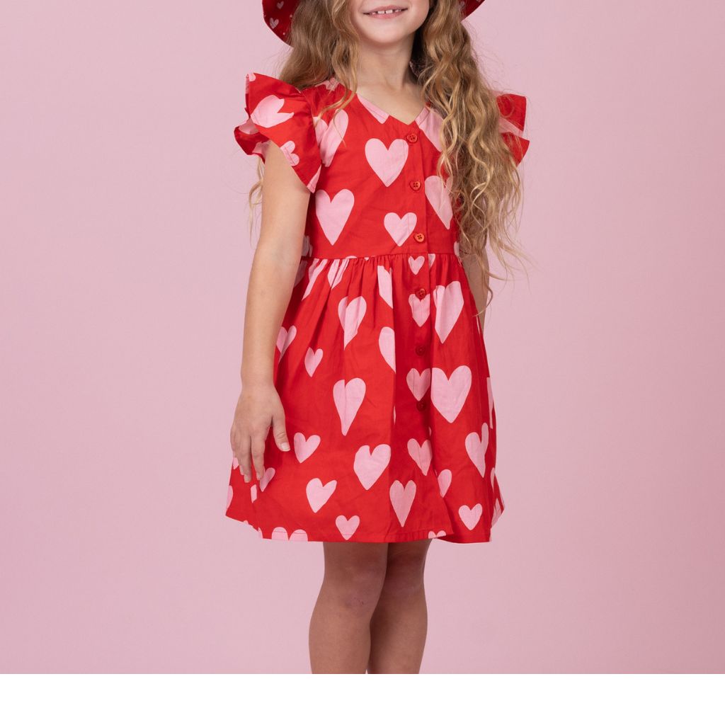 oobi astra dress in big heart print in red & pink