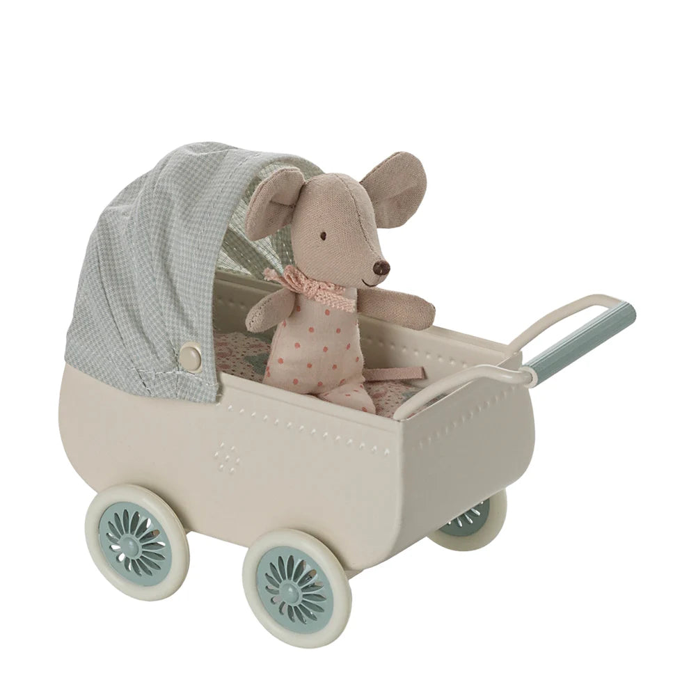 Maileg Pram with Baby Mouse (Mint)