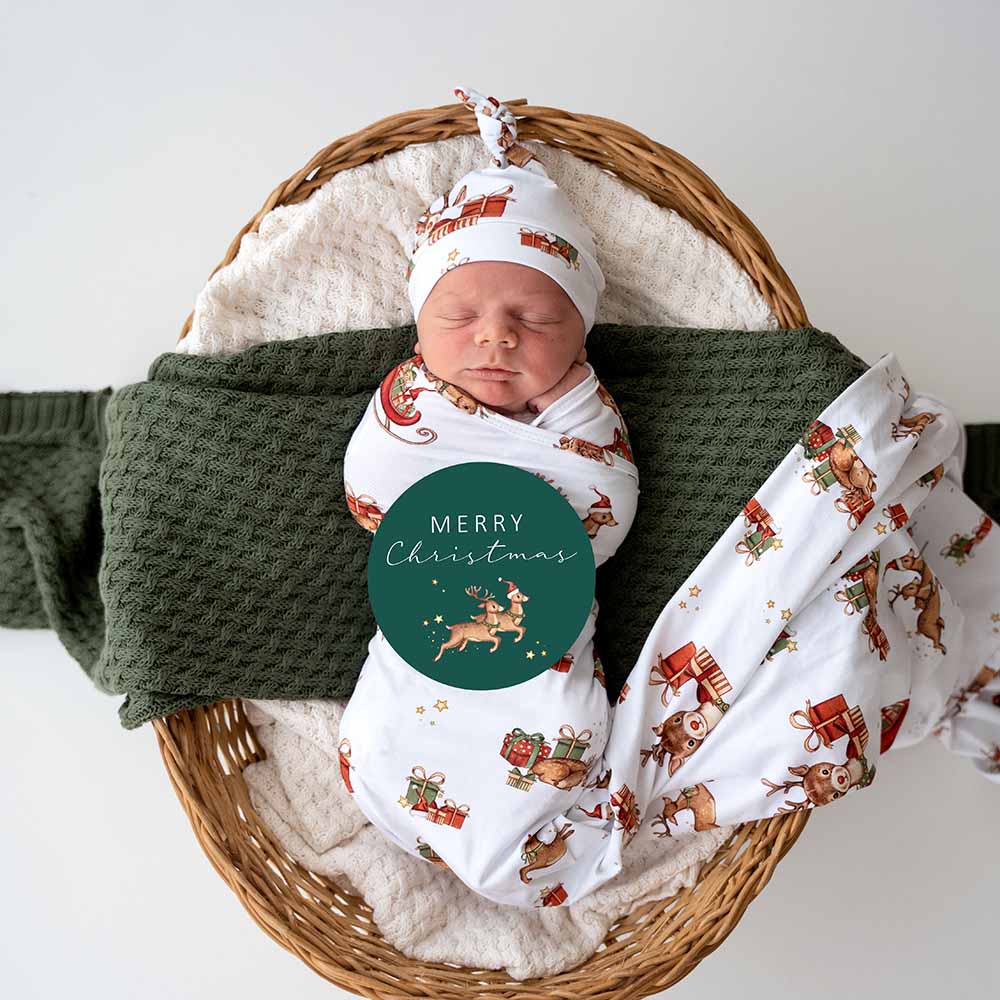 Snuggle Hunny Kids Baby Jersey Wrap, Beanie Set, & Milestone Card (Reindeer)