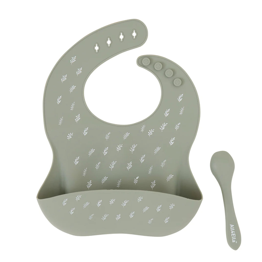 All 4 Ella Silicone Bib & Spoon (Olive)