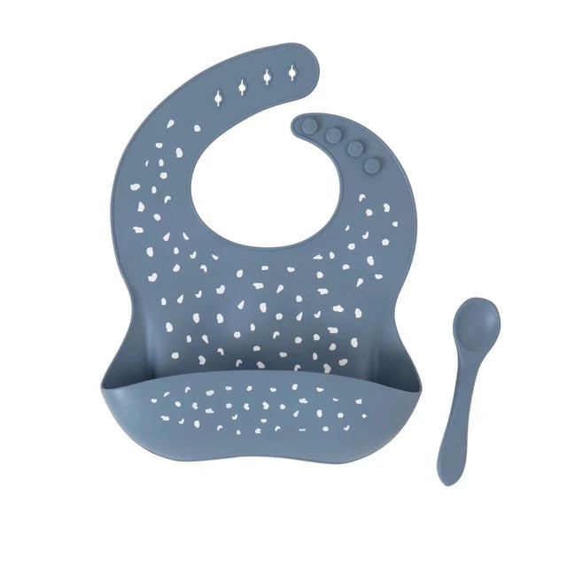 All 4 Ella Silicone Bib & Spoon (Slate Blue)