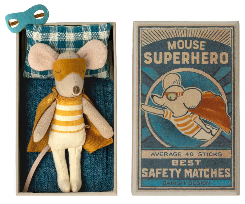 maileg super hero little brother mouse in matchbox