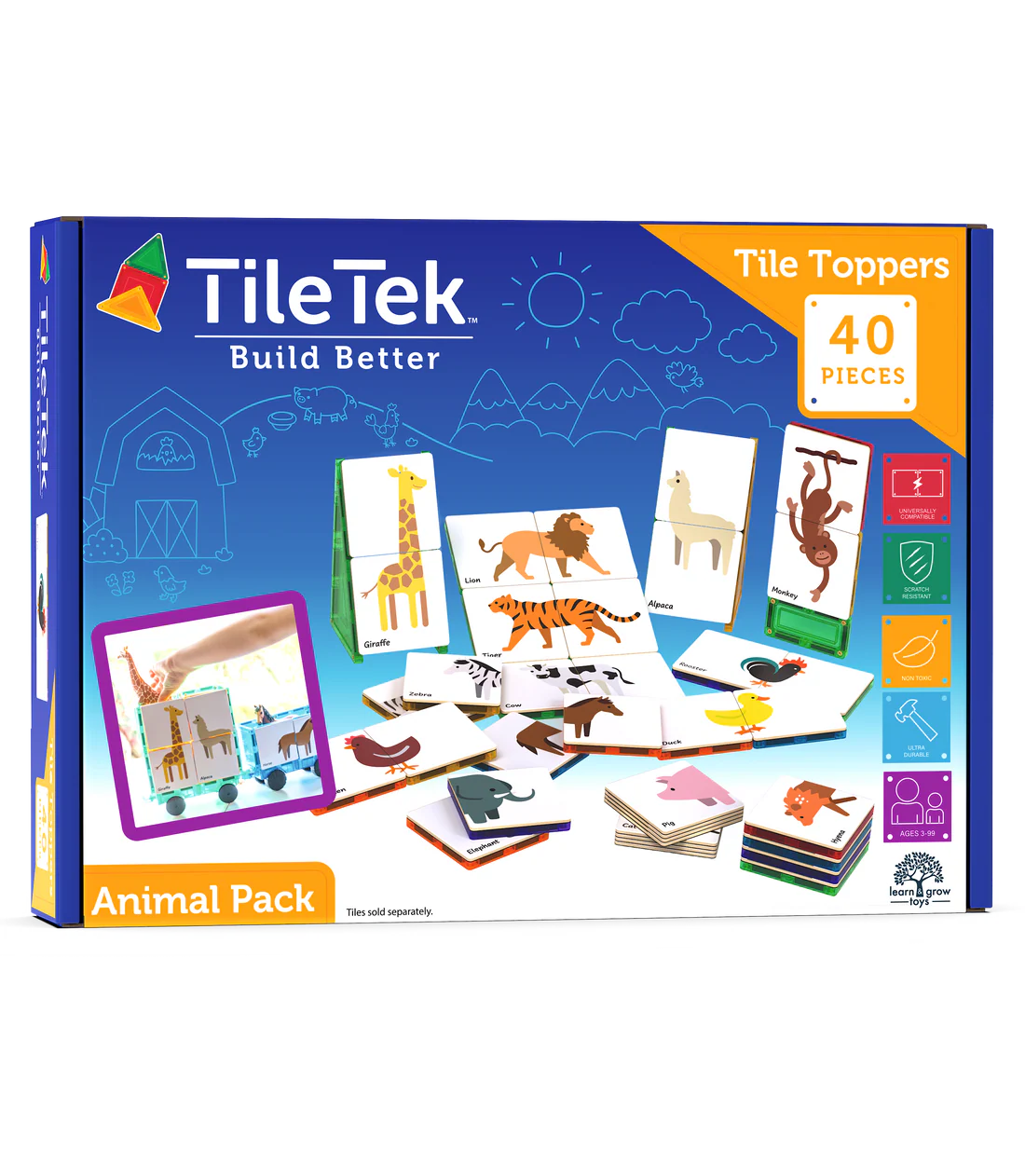 TileTek Magnetic Tiles 40pc Tile Toppers (Animal Pack)