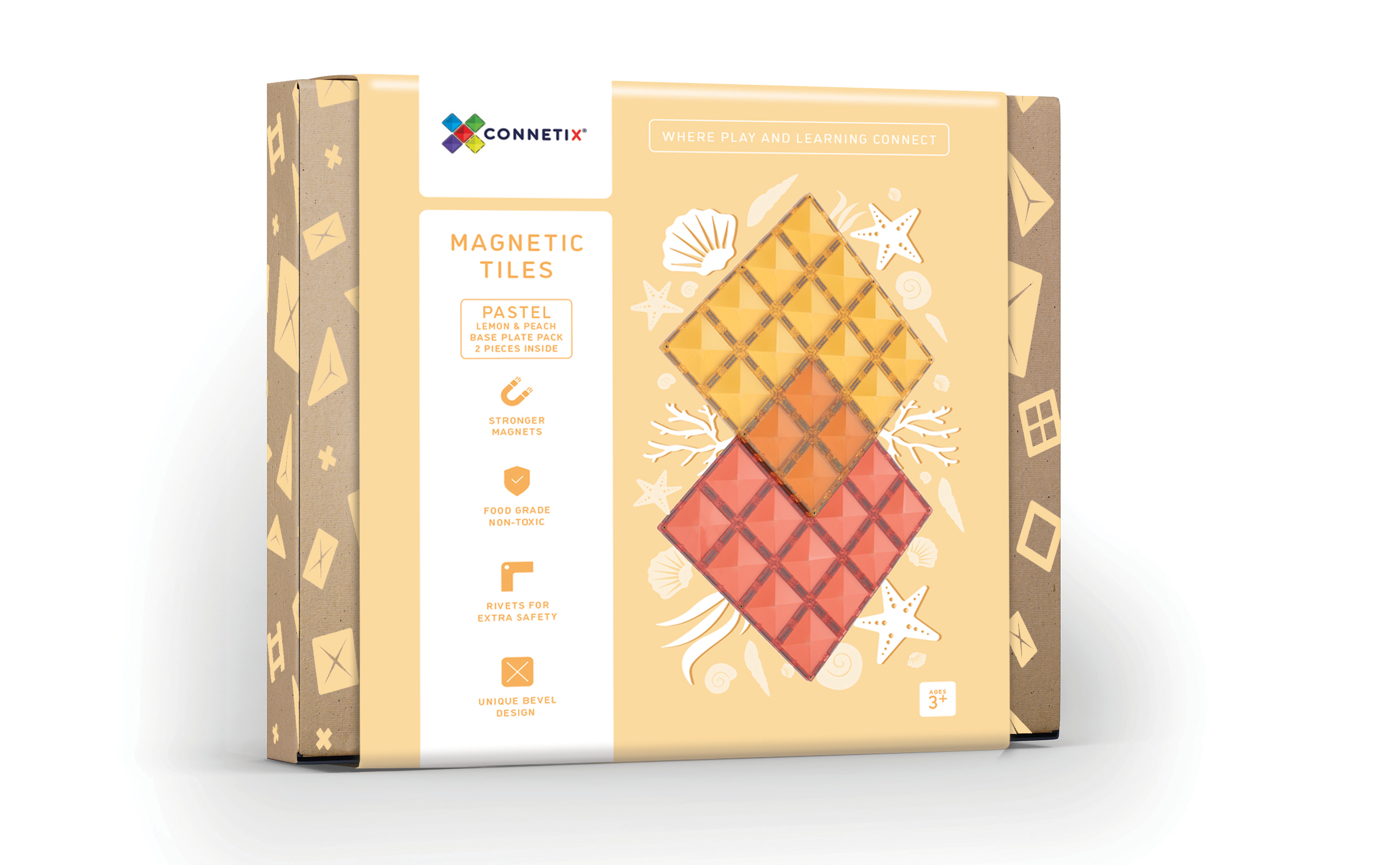 connetix magnetic tiles 2 piece  lemon & peach  base plate pack