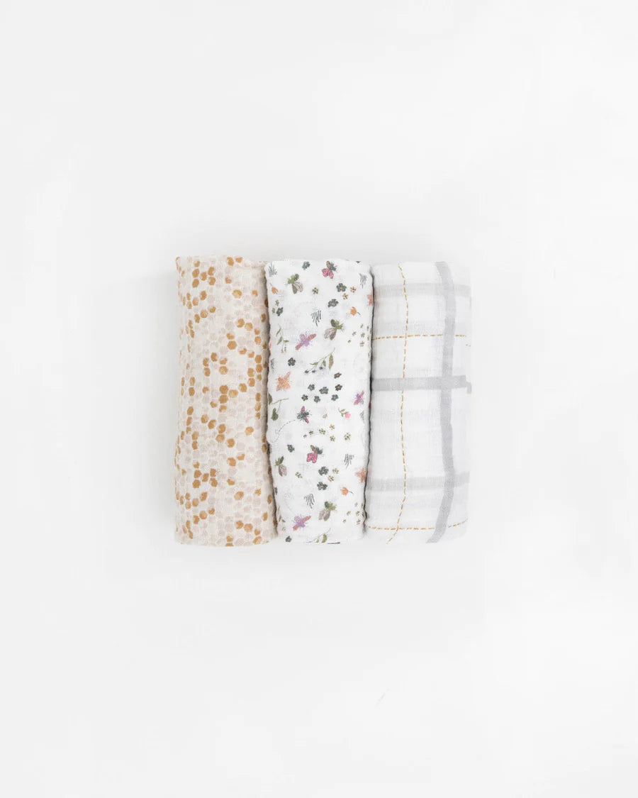 Little Unicorn 3 Pack Cotton Muslin Swaddles (Garden Bees)